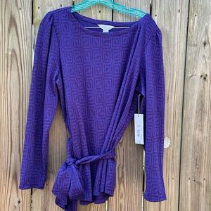 Women’s XL Liz Claiborne long-sleeved belted purple patterned shirt. Super soft